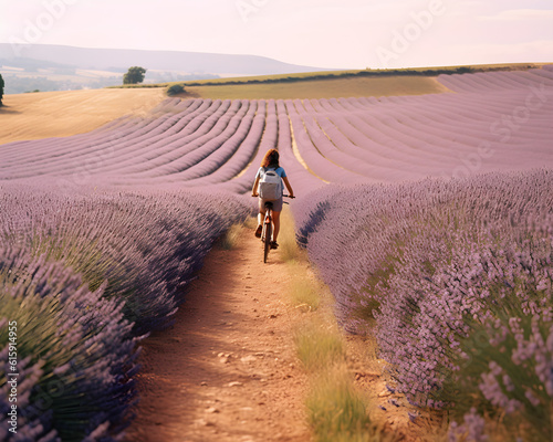 A girl rides a bicycle in a field of lavender