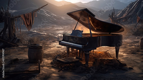 Abandoned grand piano, spooky mystical mood, after post-apocalyptic. Generative ai © kaznadey
