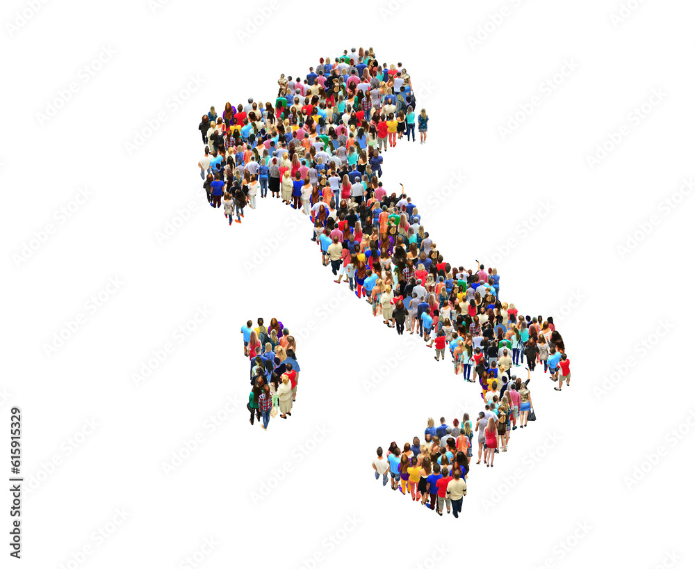 map of Italy with crowd of different people isolated on the white