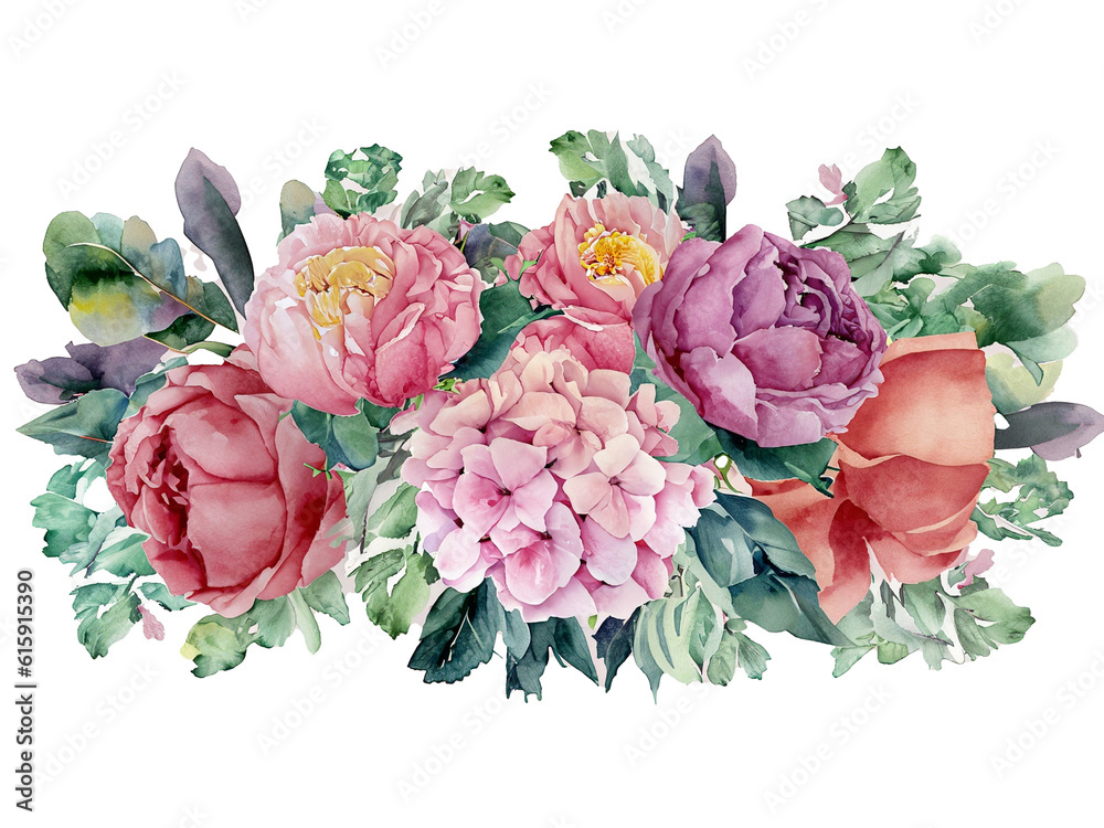 Watercolor flowers border Pink floral frame with peony rose hydrangea ...