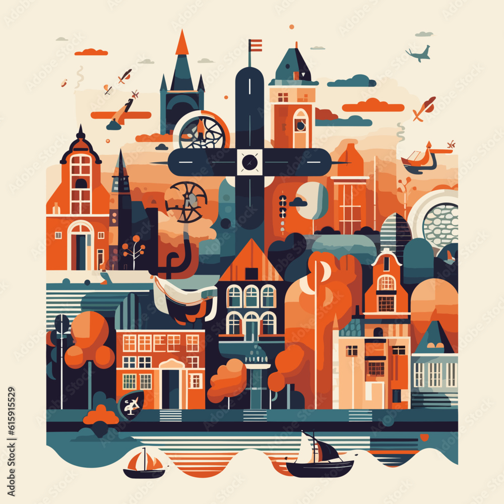 Vector illustration, view on a dutch city with houses, buildings, towers. Small vessels in the foreground. traditional building style, typical dutch architecture.Travel destination, city trip.