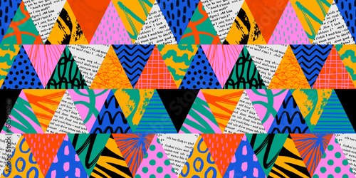 Colorful triangle seamless pattern with collage art texture. Modern contemporary art background, triangles geometric shape hand drawn print, maximalist patchwork paint wallpaper.