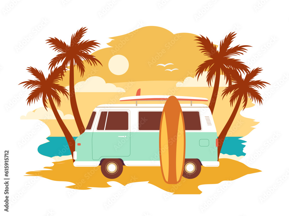 Vintage summer surf poster with a mini van vector illustration. Summertime, Beach vacation, water activity. T-shirt print