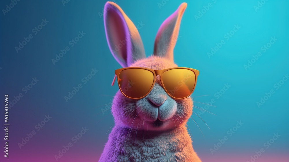 A cute easter bunny wearing sunglasses on a colorful background. Space for text. Generative AI