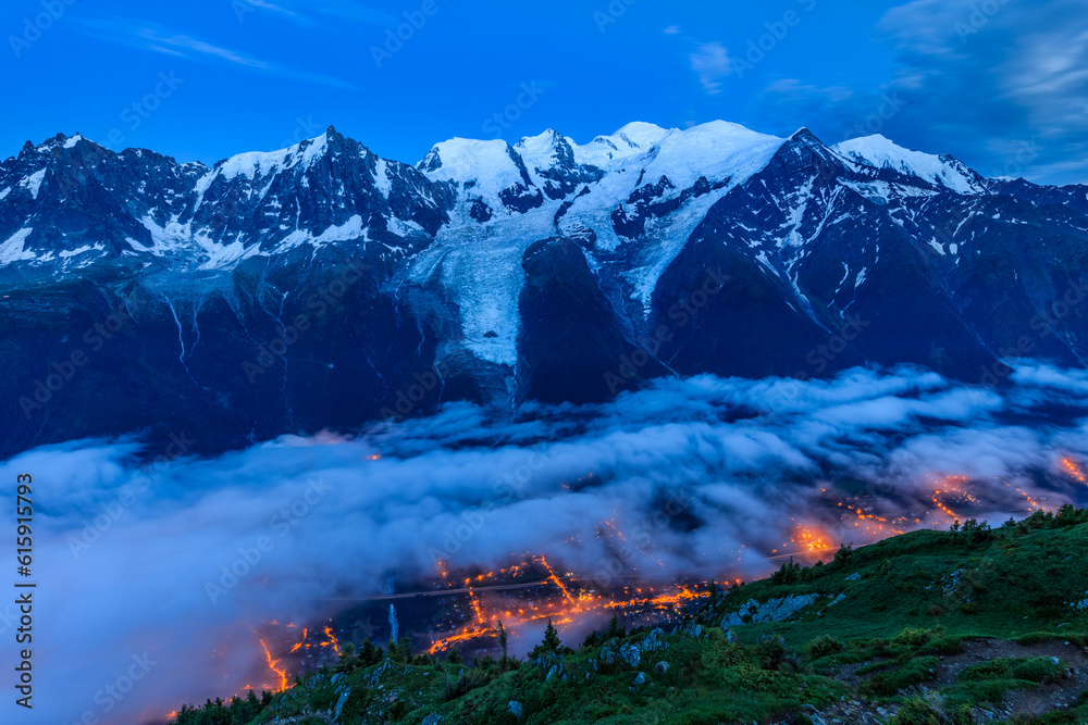 Chamonix valley in the evening. Mont Blanc, France