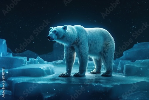 Global warming, concept with lone polar bear standing on small iceberg in the middle of the north ocean at night, Generative AI illustration