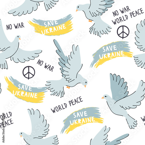 Doves and inscription hand written.Save Ukraine seamless pattern with pigeons and yellow-blue brush stroke.Anti-war background or texture for printing on paper and fabric.Vector illustration on white.