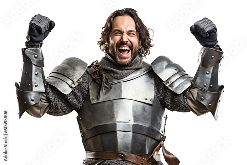 Fotografia, Obraz Handsome man in knight armor cheering isolated - Generative AI