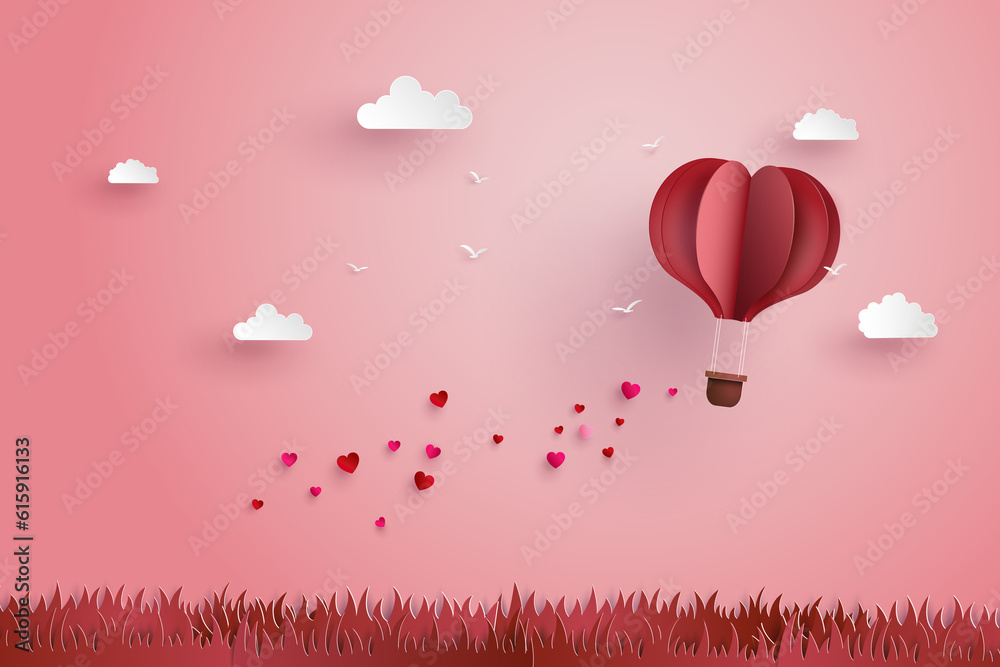 illustration of love and valentine day,Origami made hot air balloon fly over grass with heart float on the sky.paper art style.