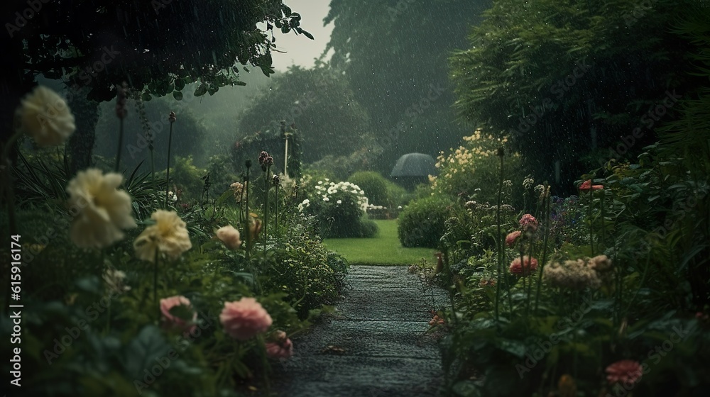 Fototapeta premium Wilder Garten im Sommer regen, generative AI