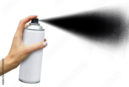 Foto Black jet dispersion from an aerosol can in female hand on white background