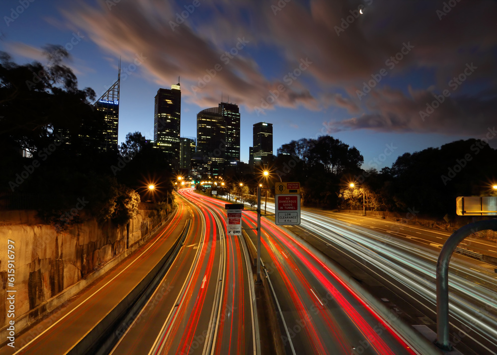 Express lanes to the City, Sydney Central Business District, car light trails from a long exposure just on dusk