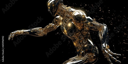 running metallic robot with sparcling dust on black background photo