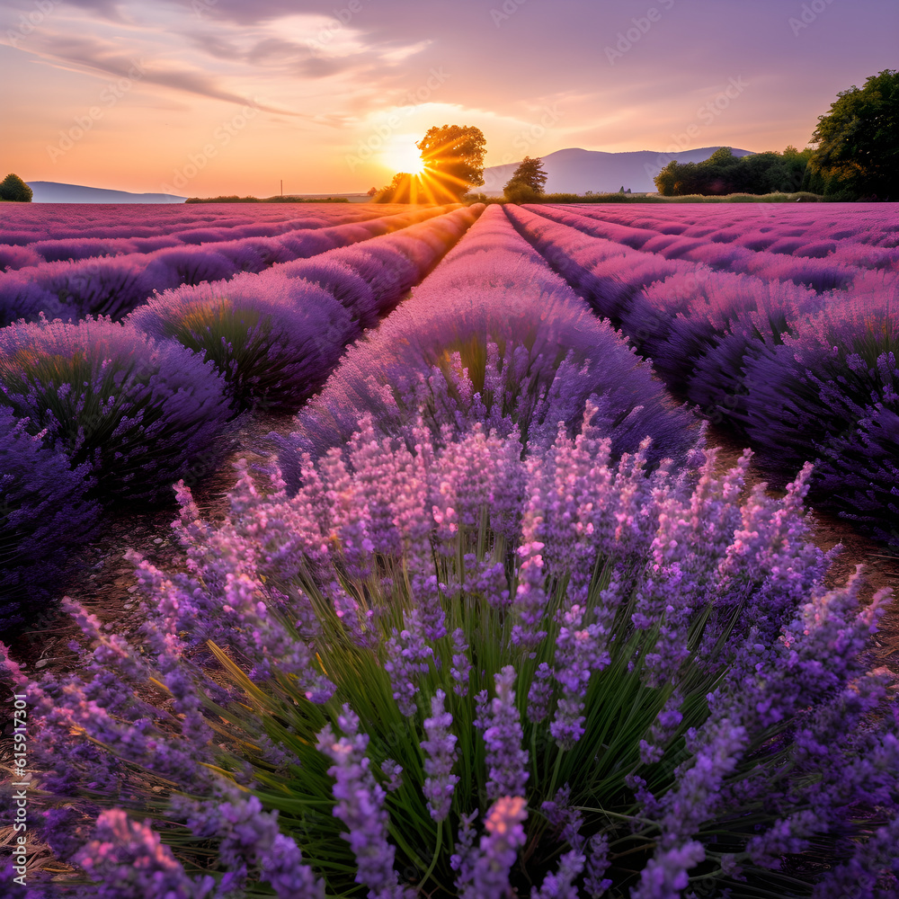 Sunset in a field of lavender, generative AI illustrations