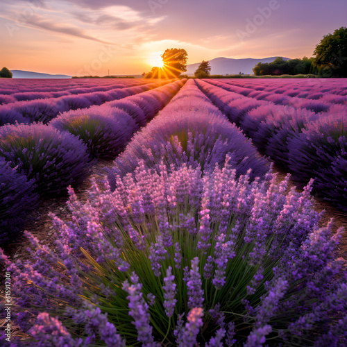 Sunset in a field of lavender  generative AI illustrations