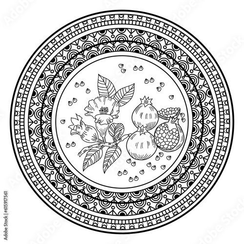 Vector illustration of a mandala with pomegranate for coloring adult book antistress, mandala vettoriale con melograno da colorare per libro adulti antistress