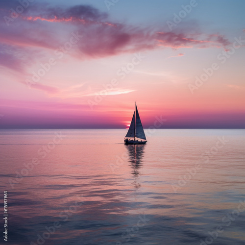 lonely sail in the sea at pink sunset, generative ai