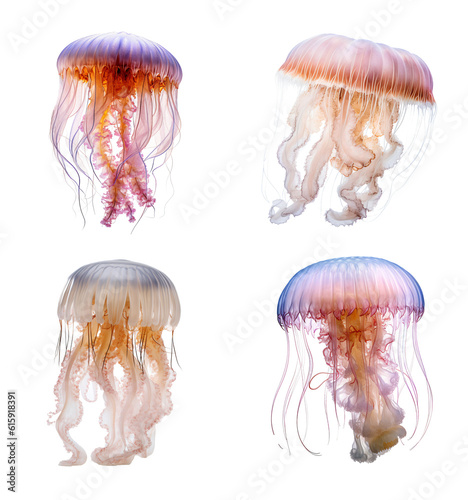 Set of Jellyfish isolated on the transparent background PNG. AI generative.