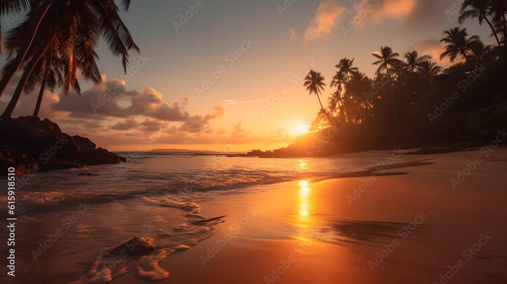 Tropical beach paradise at sunset. Generative AI