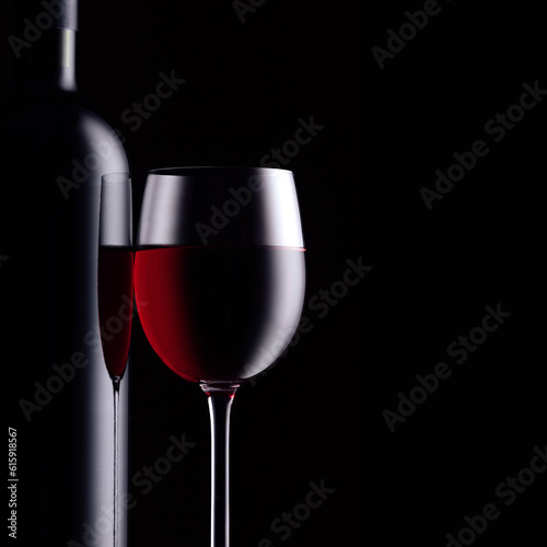 Canvas Print Excellent red wine tasting and celebration: wine bottle and full wineglass on bl