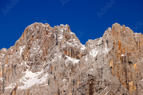 Amazing spring landscape of Skrlatica Peak (2740m) in the Julian Alps, Triglav National Park, Slovenia. 