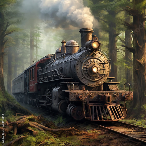 old steam locomotive in the forest train art ai gen