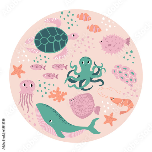 Vector ocean illustration with whale, octopus, turtle, flounder, shrimp, clown fish, starfish.Underwater marine animals.Ecology design for banner,flyer,postcard, website design,t-shirt,poster photo