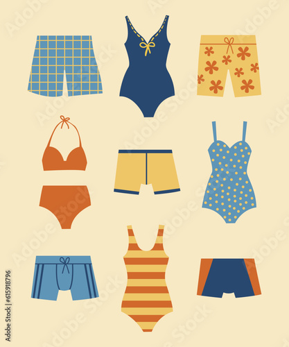 Swimwear set. Women's and mens swimming suits and shorts.