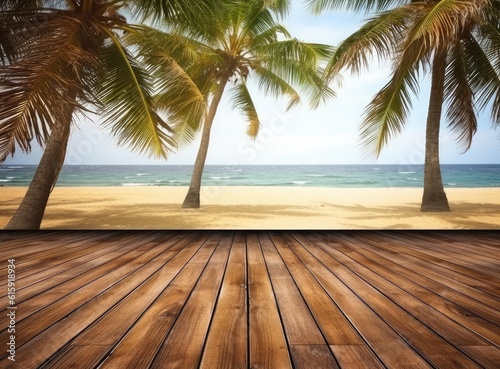 Empty wooden table and palm leaves with party on beach blurred background in summer time. Created with Generative AI technology.