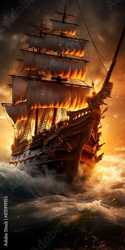 Pirate ship in the sea at sunset ai generated