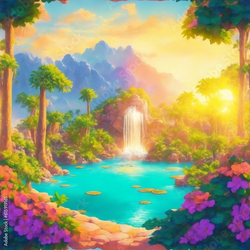 Enchanting realm: waterfall cascades amid vibrant sunset. Nature's peak beauty unfolds. © Maxim