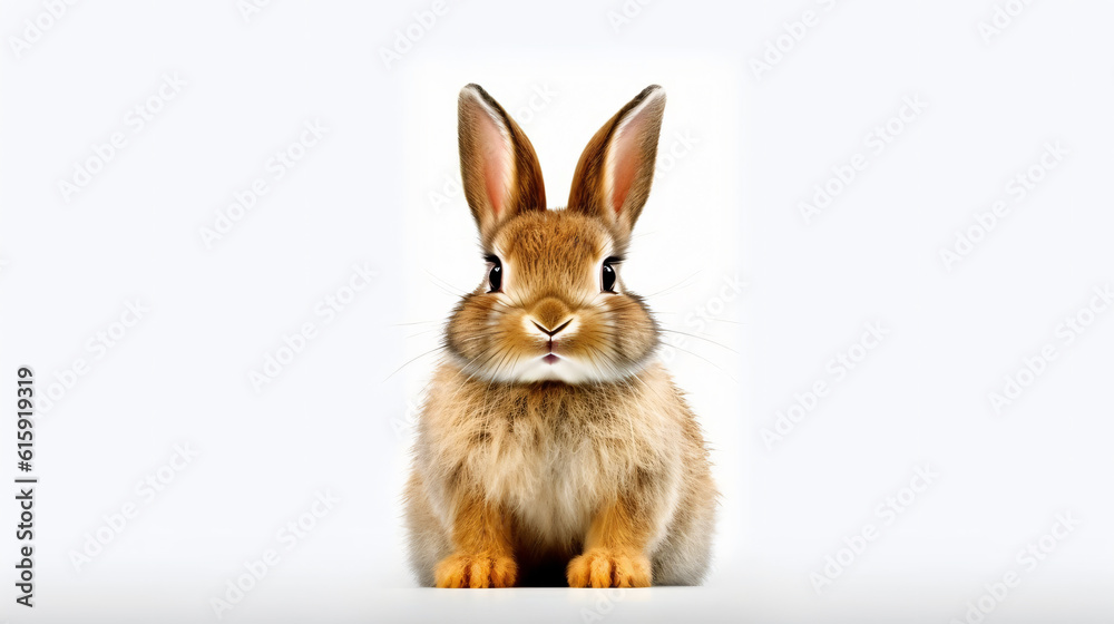 cute bunny looks at the camera against white background, generative AI