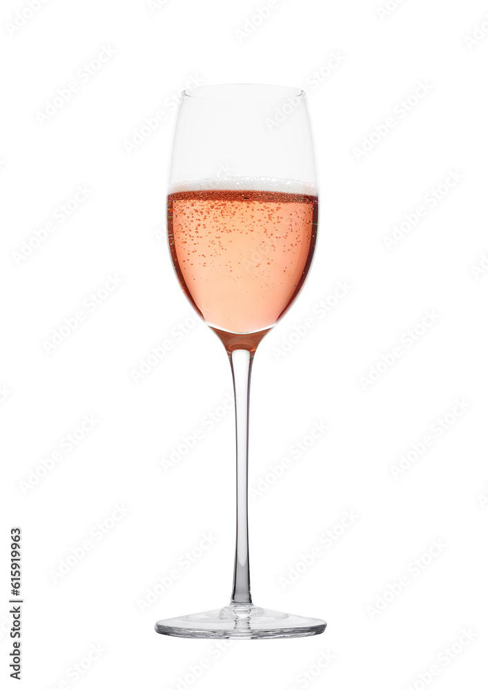 Rose pink champagne glass with bubbles isolated on white background Rose pink champagne glass with bubbles isolated on white background