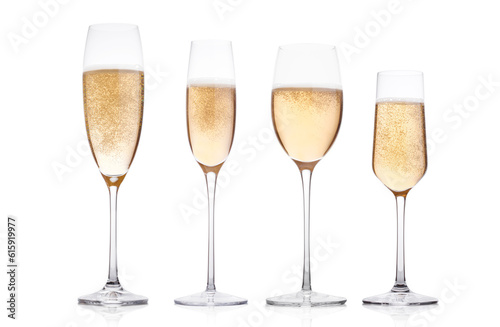 Champagne glasses with bubbles on white background with reflection