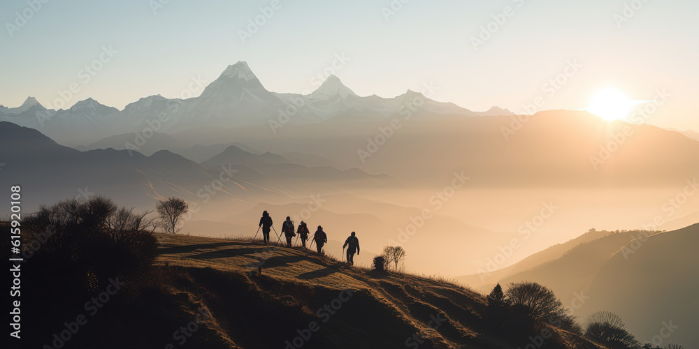 touristic group traveling in the mountains with amazing view on high mountains