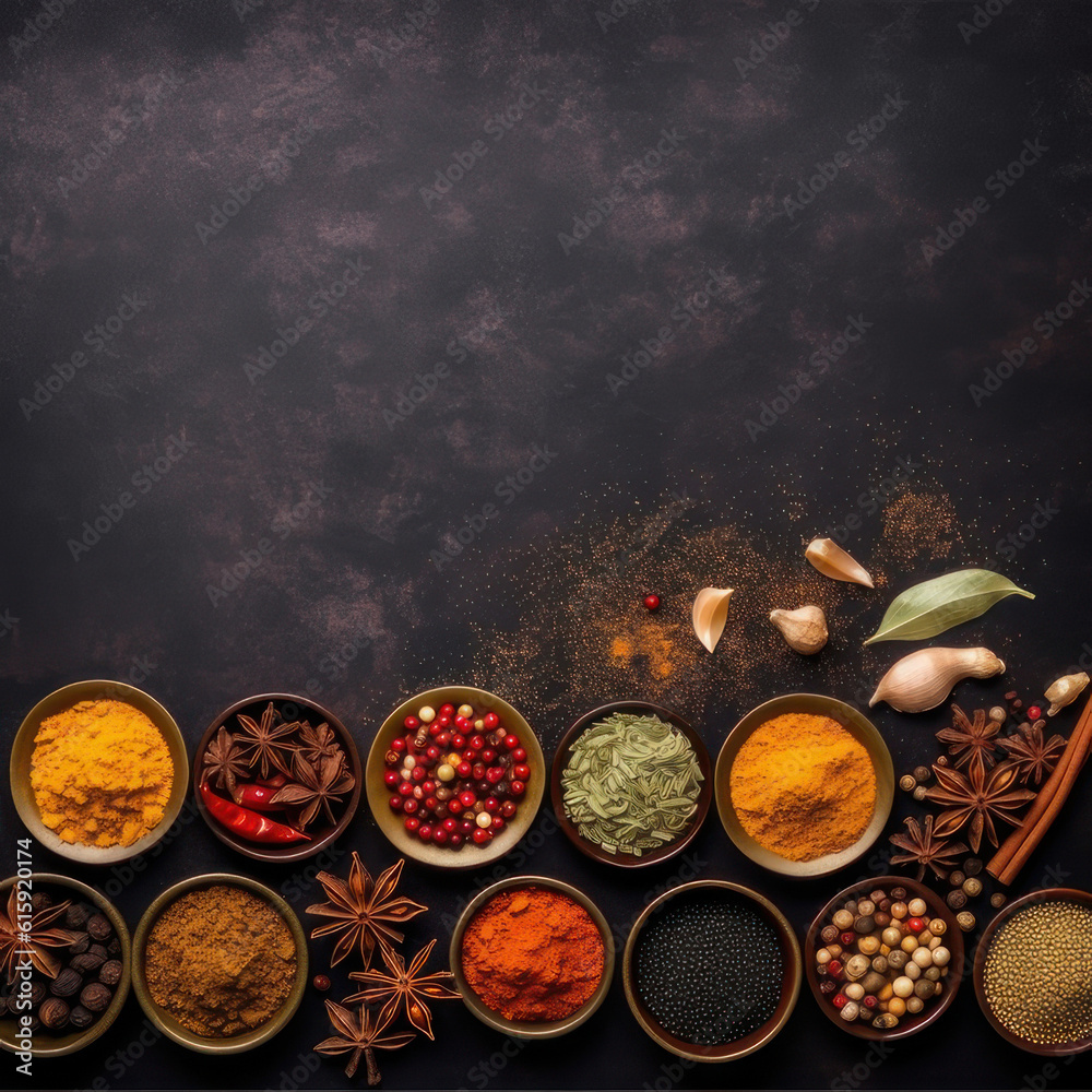 Spices on a dark background. Square background with copy space. AI generative.