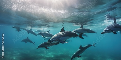 flock of dolphins in the sea near the surface swimming and hunting © tan4ikk