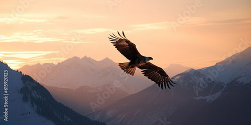 Big White Eagle Soars in the sky against sunset