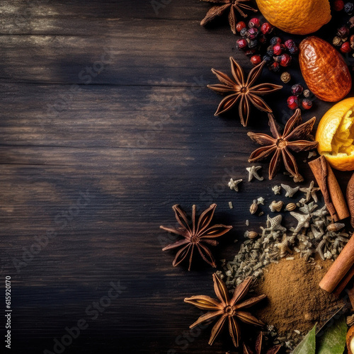 Spices on a wooden background. Square background with copy space. AI generative.