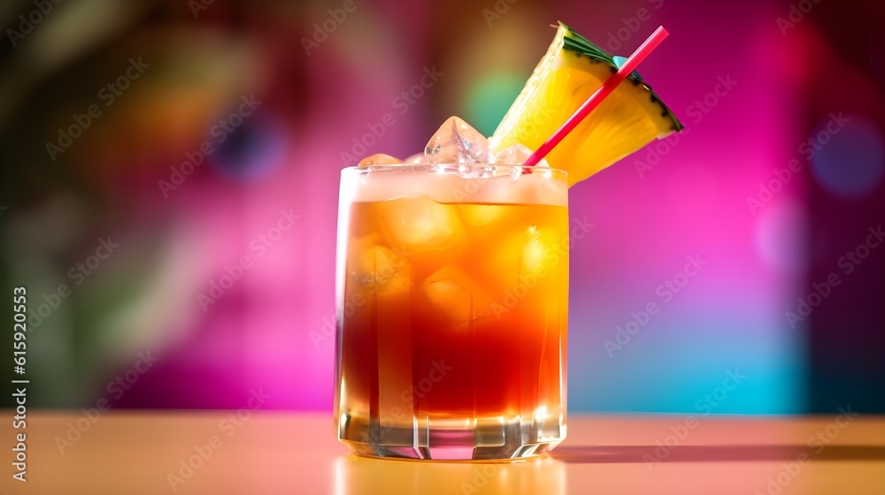 Cold mai tai cocktail with lime on a modern bar counter minimalistic orange background, bright direct lighting, tropical shadows, AI Generated. Cold mai tai cocktail with lime on a modern bar counter minimalistic orange background, bright direct lighting, tropical shadows, AI Generated.
