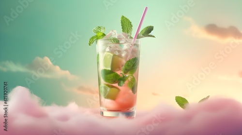 Mojito cocktail on modern pink pastel sky background with hard shadows, sunlight, dreamy summer concept. Close-up. Generative Ai content