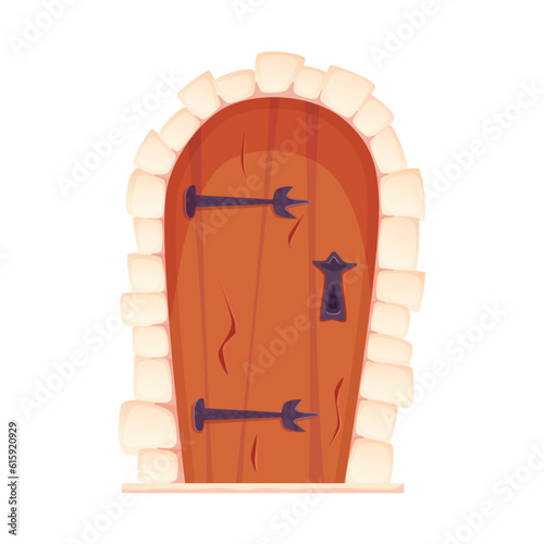 Wooden castle door cartoon vector. Old medieval entrance with stones and iron. The door of the castle in the dungeon or prison for games. Cartoon vector illustration