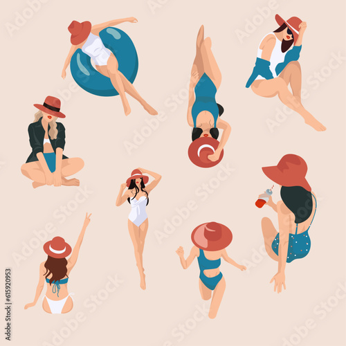 A set of beautiful girls in blue, white, red colors resting on the beach during vacation for webs, posters, cards