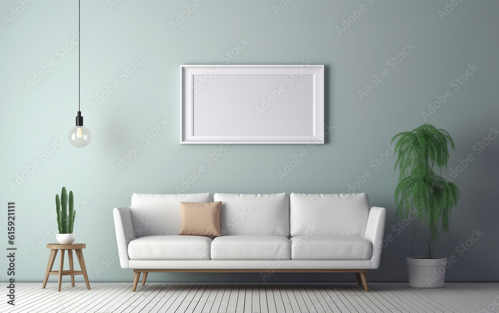 The sofa was beneath a white picture frame.   Generative AI
