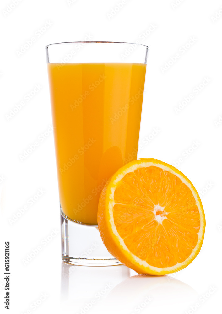 Glass of fresh orange juice with fruit bits on white background Glass of fresh orange juice with fruit bits on white background