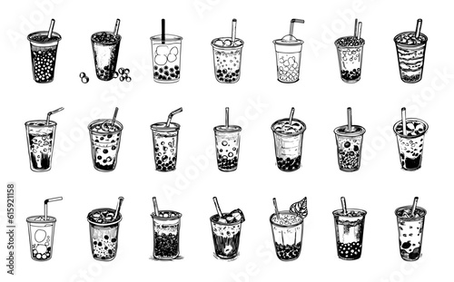 Collection of Bubble Milk Tea with tapioca pearls, isolated on white background. Hand drawn vector illustration. Asian Taiwanese drink. 