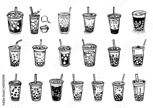 Collection of Bubble Milk Tea with tapioca pearls, isolated on white background. Hand drawn vector illustration. Asian Taiwanese drink. 