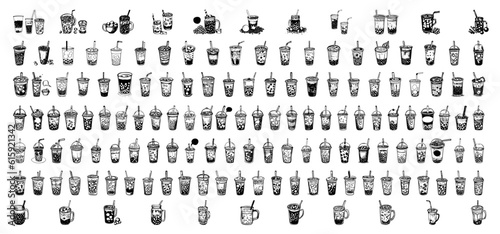 Collection of Bubble Milk Tea with tapioca pearls, isolated on white background. Hand drawn vector illustration. Asian Taiwanese drink. 
