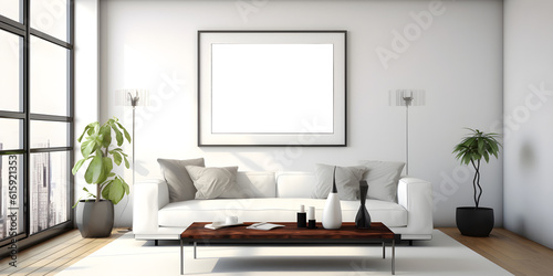 Modern White Living Room with Blank Wall Mockup