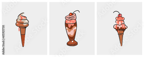 Hand drawn vector abstract cartoon ice creram cone ,sundae line art illustration set .Ice cream dessert vector illustration design concept. Sweed gelatos,ice dessert cute doodle illustration isolated.